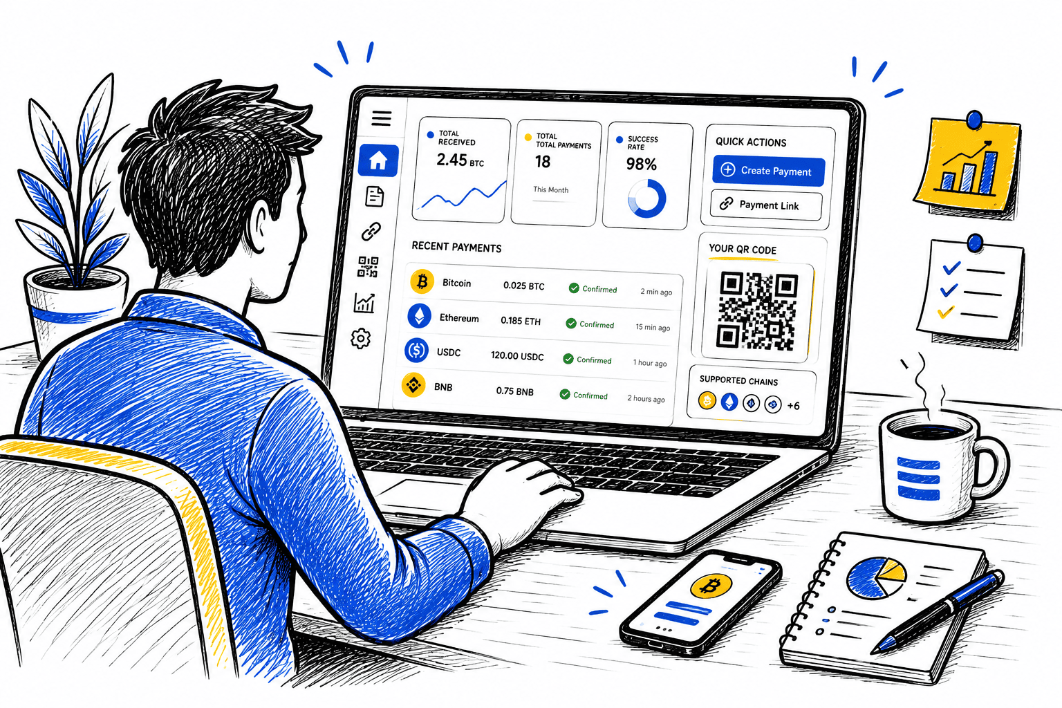 Merchant using a CryptMeUp-style dashboard to monitor crypto payments and QR codes
