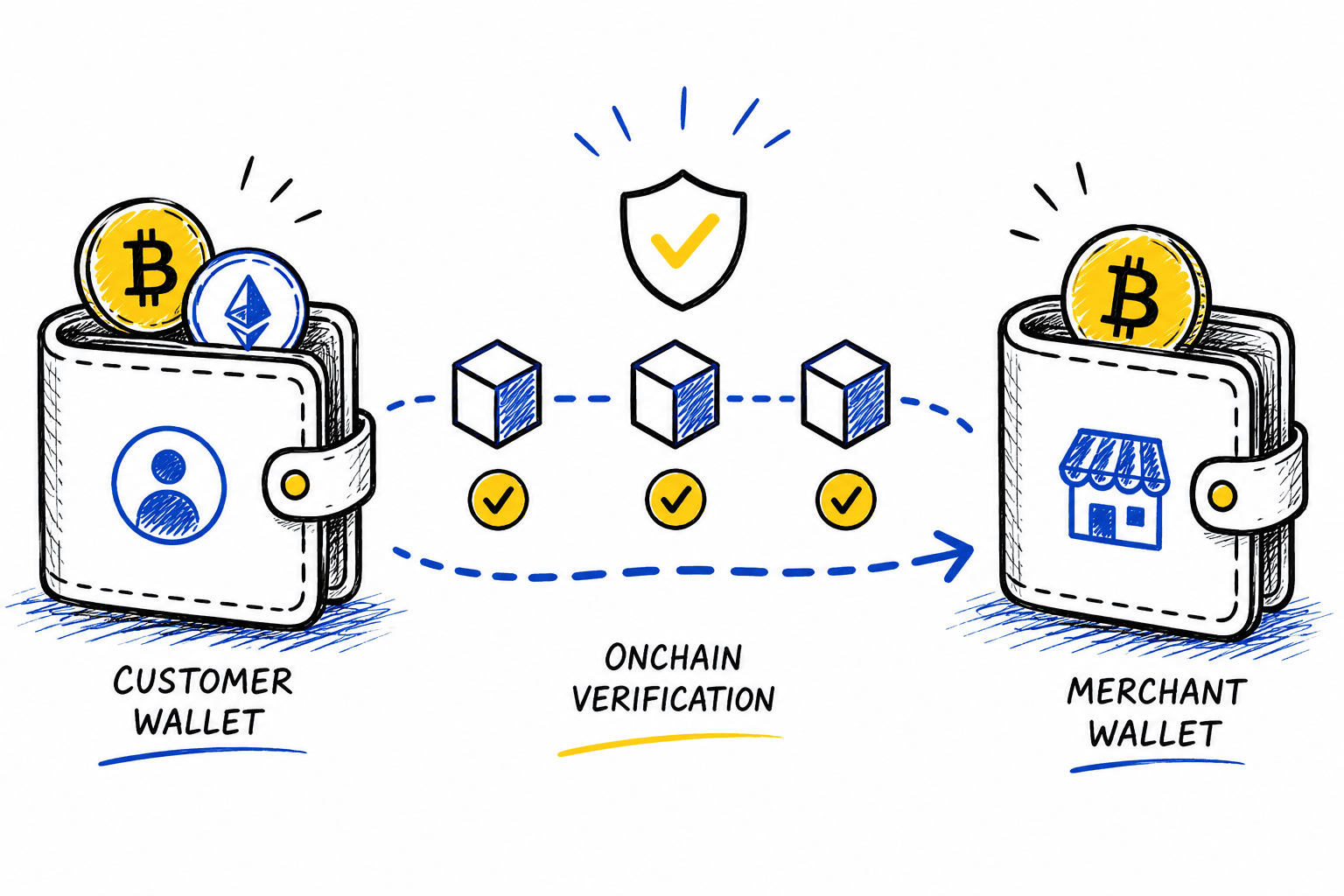 Customer wallet sending crypto to merchant wallet with onchain verification